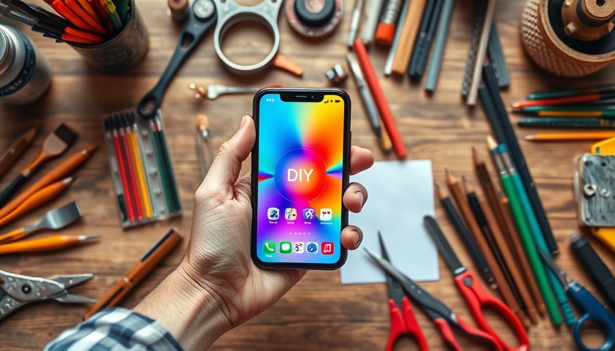 Colorful hand holding phone with DIY tools, related to DIY Content Marketing for Real Estate Agents.