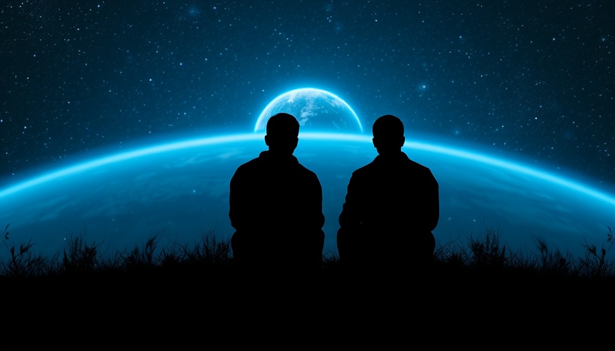 Silhouettes gazing at Earth from space, starry night.