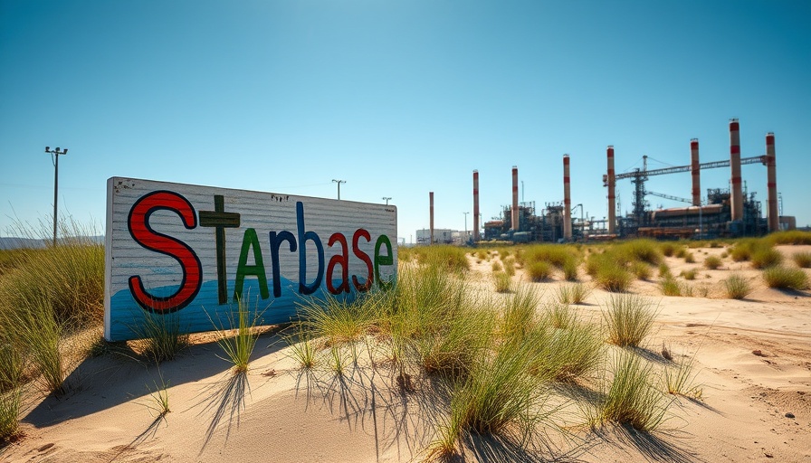 Starbase sign in Boca Chica with industrial backdrop, clear sky.