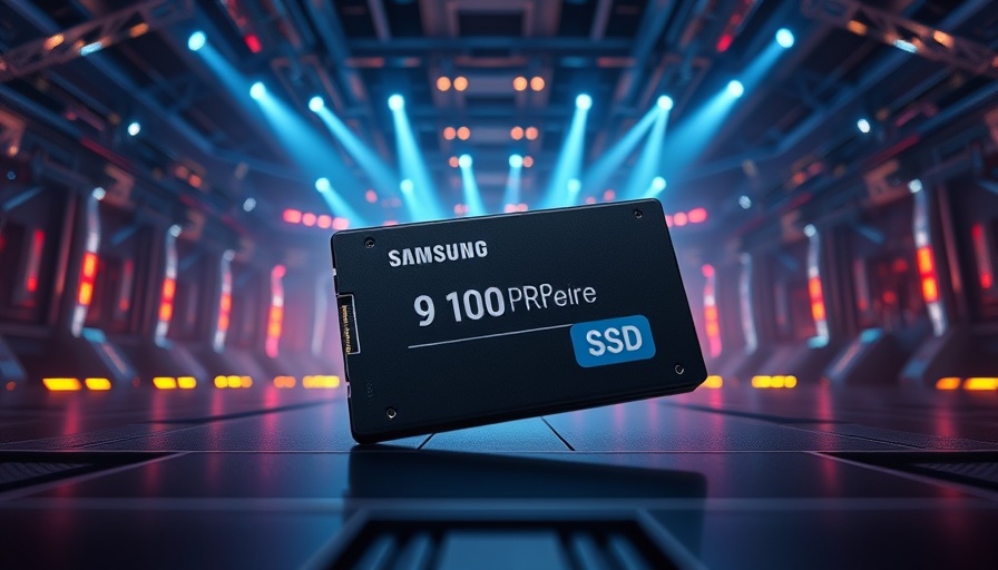 Samsung 9100 Pro SSD displayed in a futuristic setting.