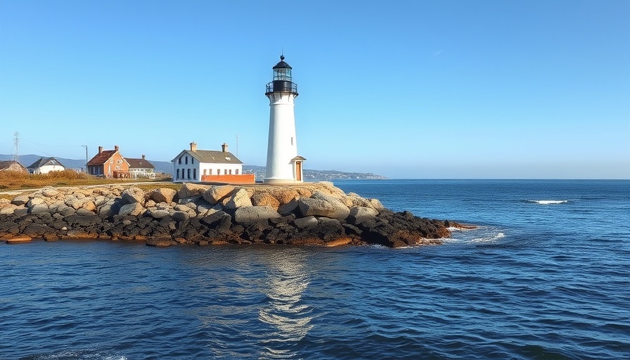 White lighthouse amid Rhode Island's coastline homes under clear sky.