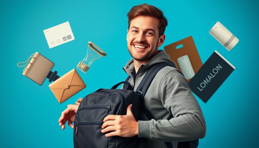 One bag travel essentials displayed around a traveler's backpack.
