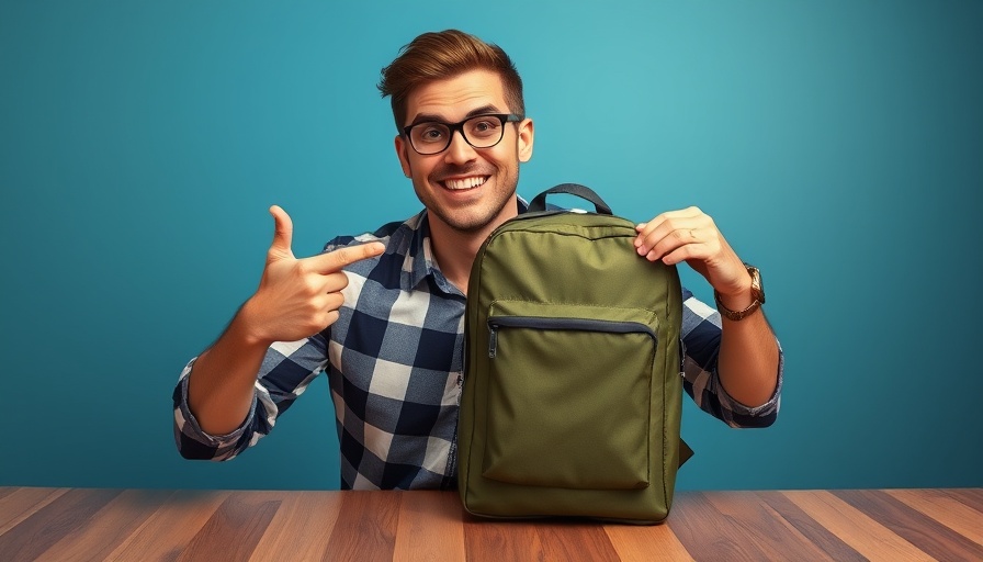Evergoods Civic Travel Bag 26 showcased by a smiling man against a blue background.