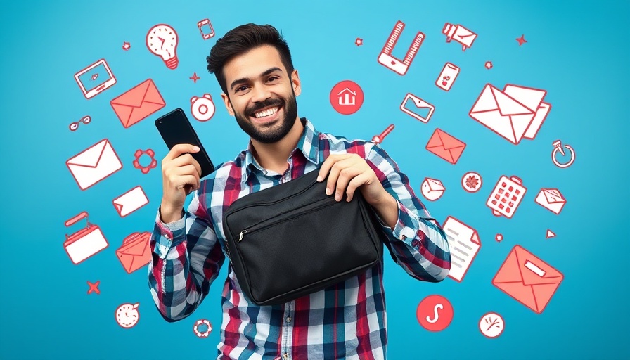Travel tech essentials pouch held by man, surrounded by tech icons.