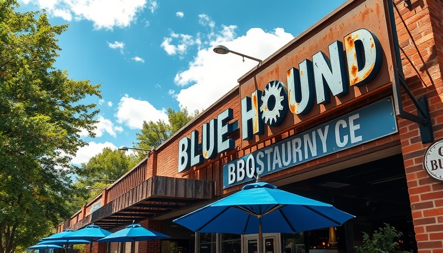 Best new BBQ spot in North Georgia with rustic sign and blue umbrellas
