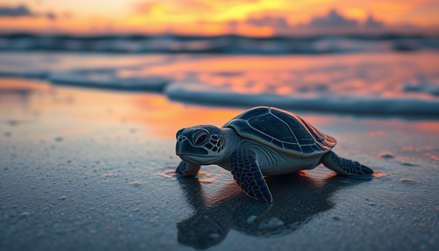 Florida sea turtle walk at sunset with baby turtle on beach.