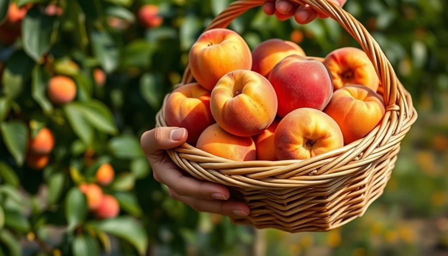 Hand holding basket of ripe peaches at Stonewall Peach Festival 2025.