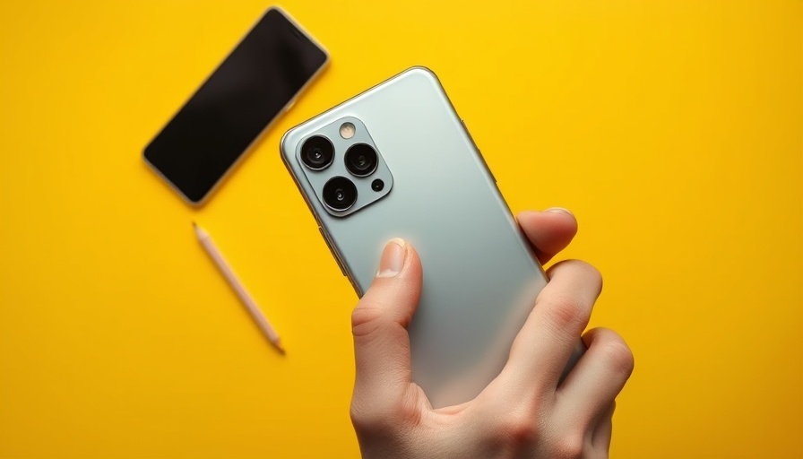 Sleek smartphone with dual cameras, yellow background.