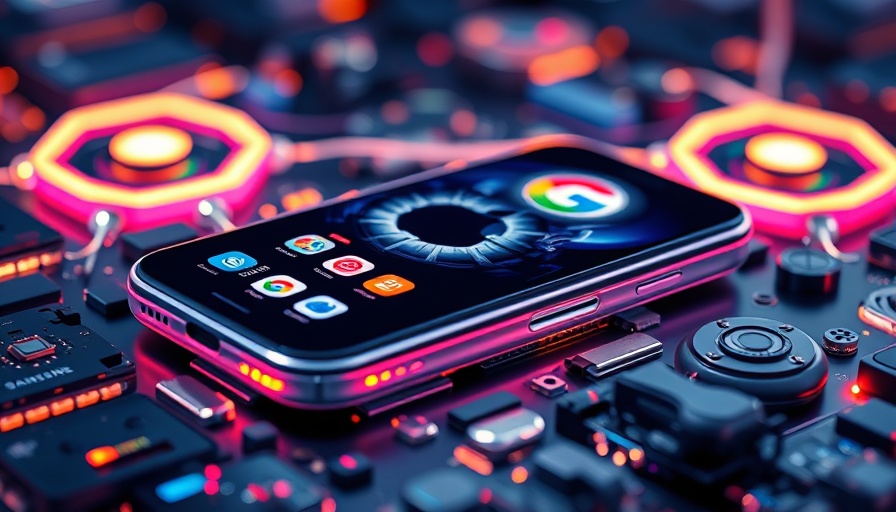 Futuristic smartphone with Apple, Samsung, Google apps, tech partnership.