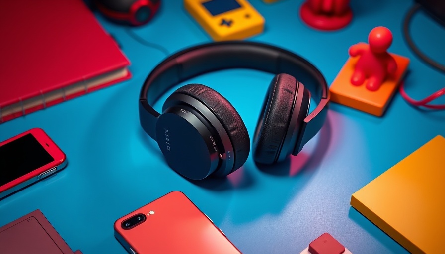 Sony WH-1000XM6 headphones on blue background with gadgets.
