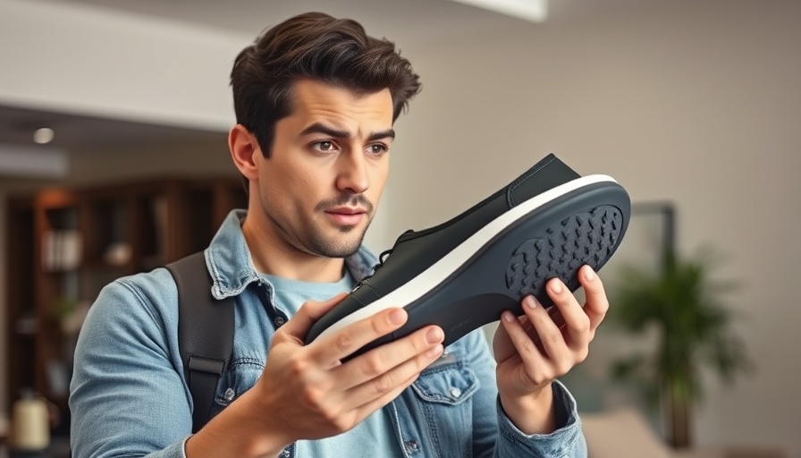 Casual man examining modern massaging shoe for athlete recovery.
