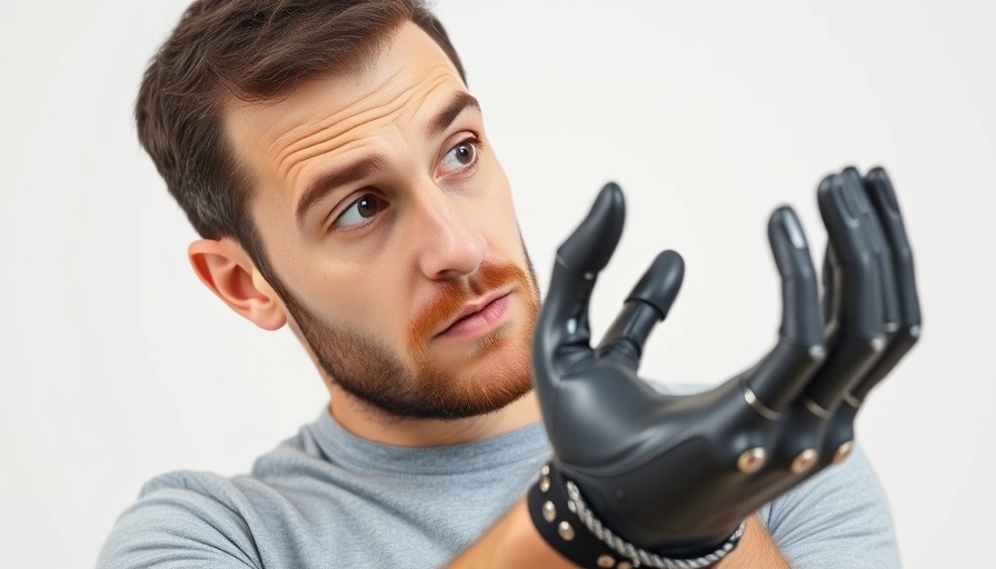 Man examining PSYONIC Ability Hand, focused and detailed.