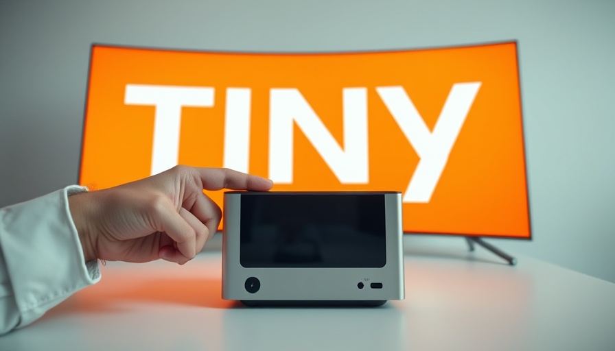 Compact mini PC in front of curved screen displaying 'TINY', highlighting mini PC technology.