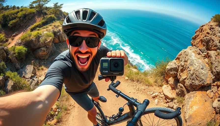 Cyclist holding 8K 360° Action Camera on rocky trail.