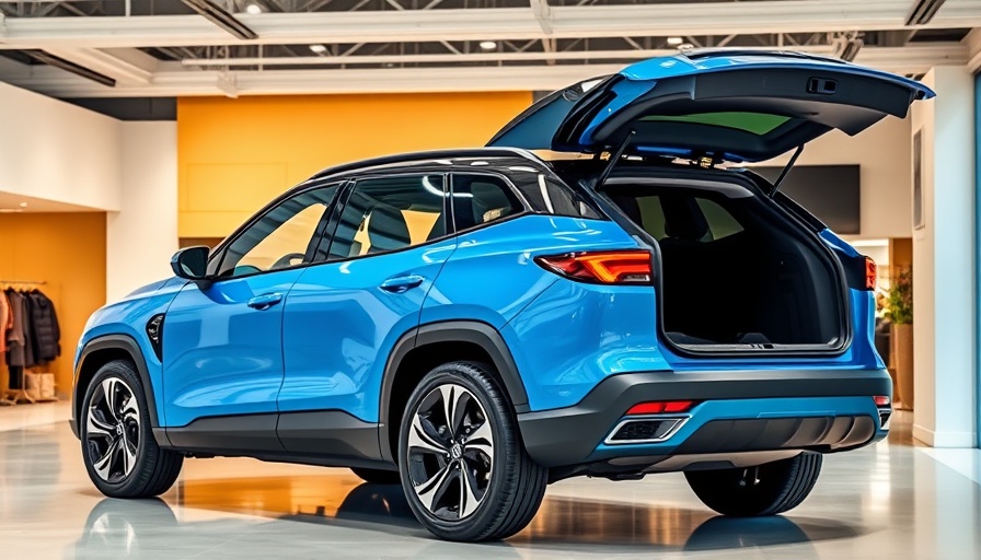 Rivian R1S SUV in a showroom with open front trunk.