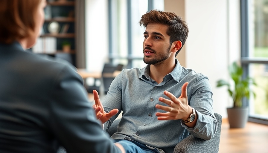 Young man gestures while discussing AI in an office.