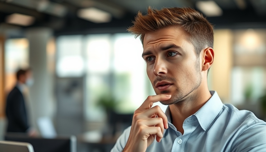 Thoughtful young man discussing success in an office setting.