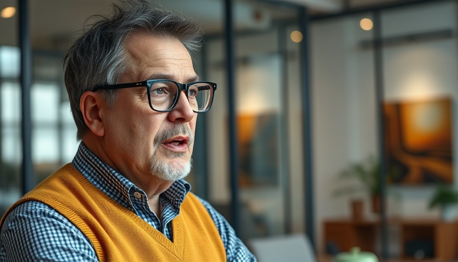 Man discusses Notion startup strategies in a modern office.