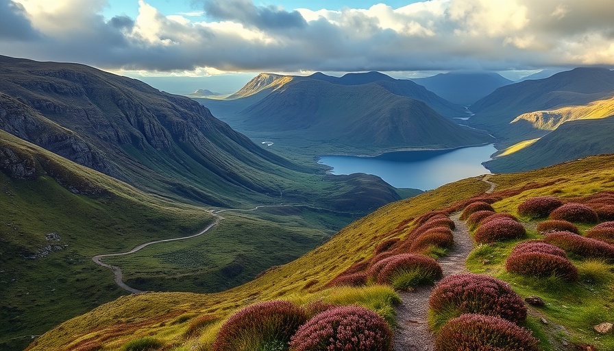 Scenic view of Coffin Roads Scotland hiking trail with winding path.