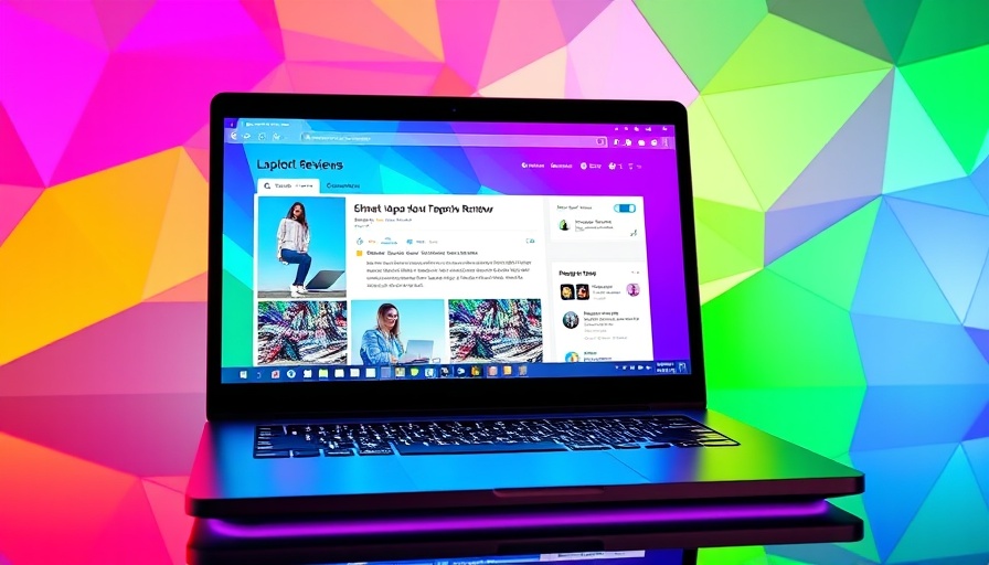 Digital interface displaying laptop reviews with geometric background.