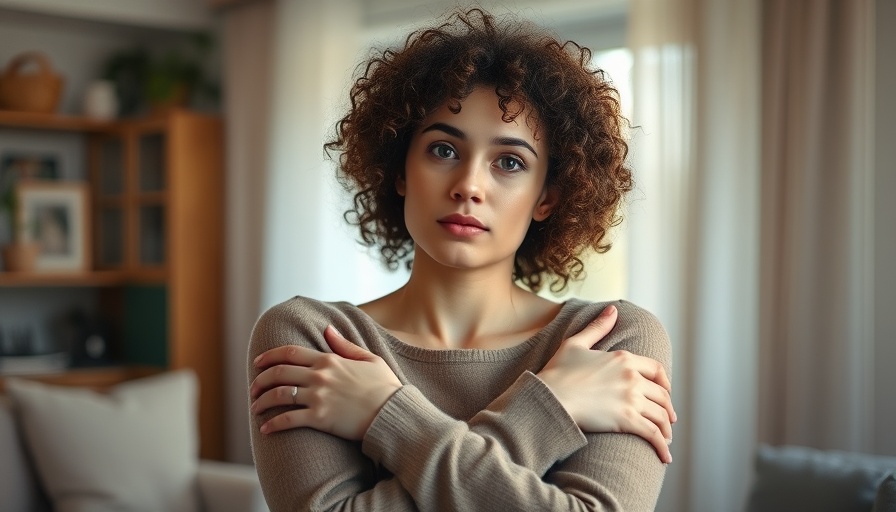 Thoughtful woman embracing herself gently, illustrating wart symptom considerations.