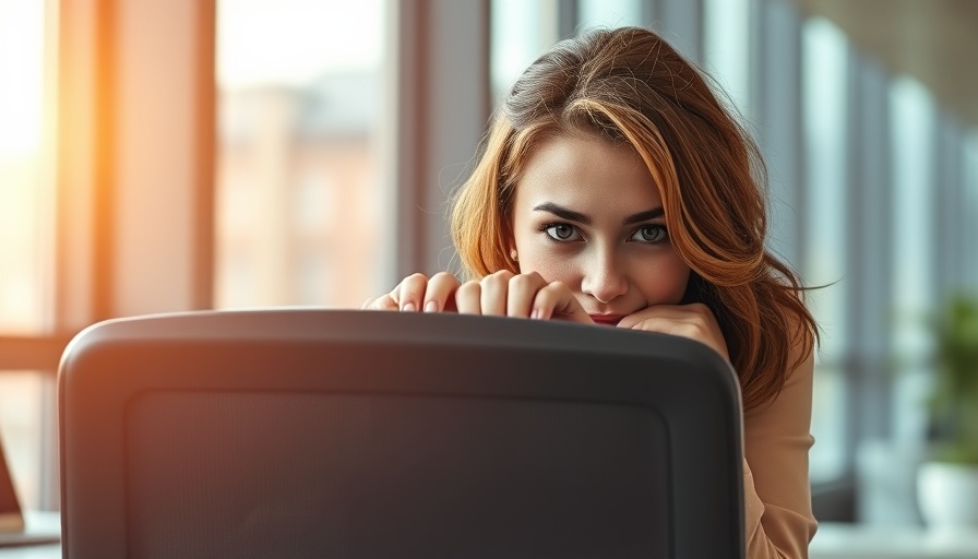 Young woman hiding in office, conveying 'Stop Hiding Your Personality At Work'.