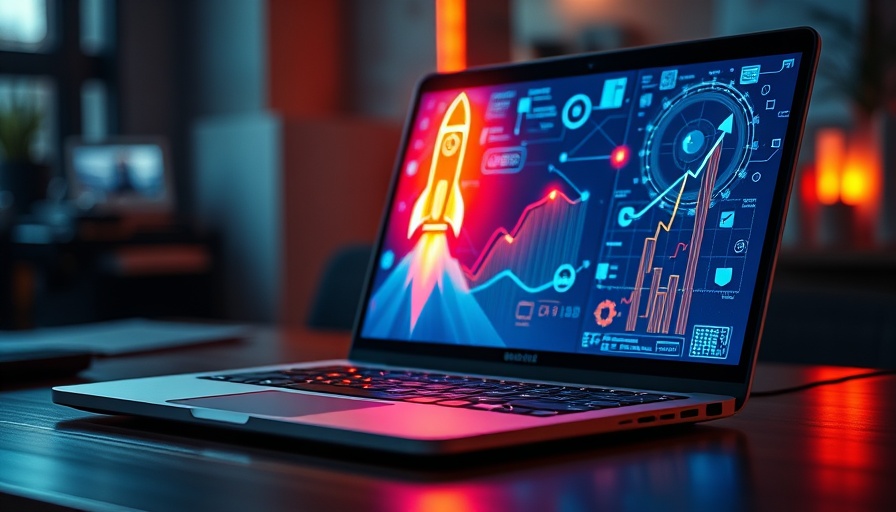 Futuristic laptop with rocket hologram symbolizing AI tech growth.