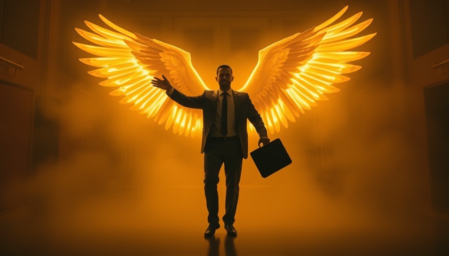 Business figure with angel wings and briefcase in misty room.