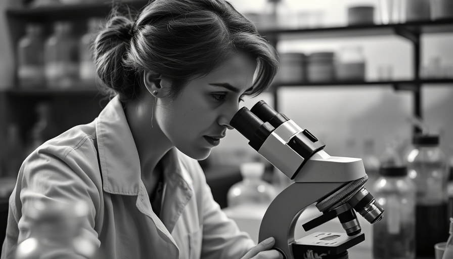 Inspirational woman in a vintage lab using a microscope.