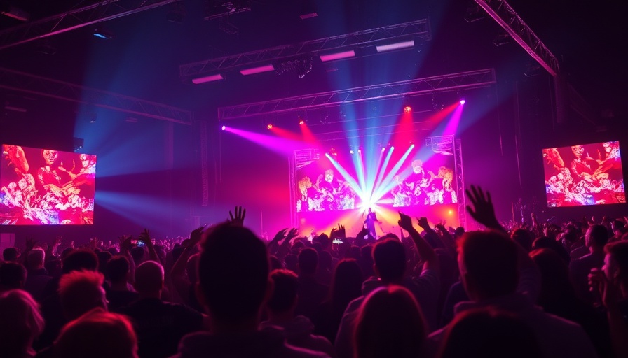Dynamic concert scene with vibrant lights and crowd.