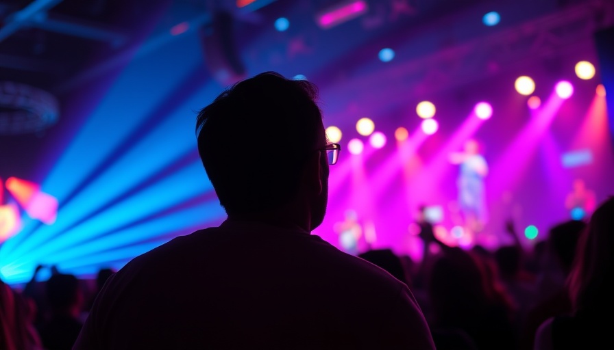 Energetic concert scene with vibrant lights and crowd.