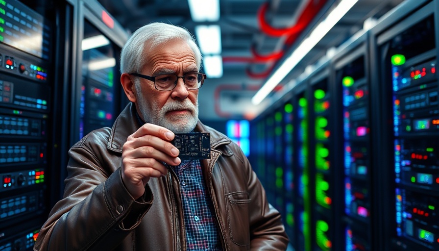 Elderly man with server racks discussing tech at TechCrunch Sessions AI.