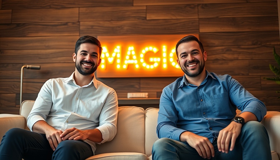 Two men in cozy room with 'magic' sign, discussing AI Journaling App.