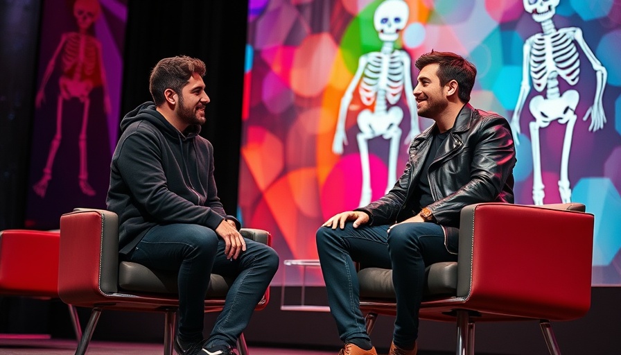 Two individuals discussing on stage with a digital backdrop.