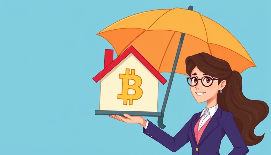Stylized illustration of a woman holding a house with Bitcoin under umbrella, representing assets to own during uncertain times.