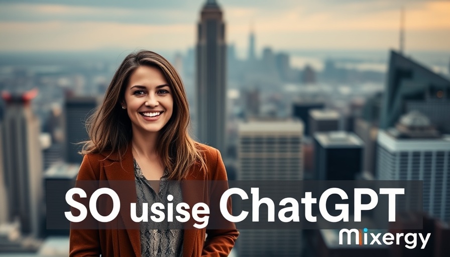Promotional banner about SEO on ChatGPT with urban skyline backdrop.