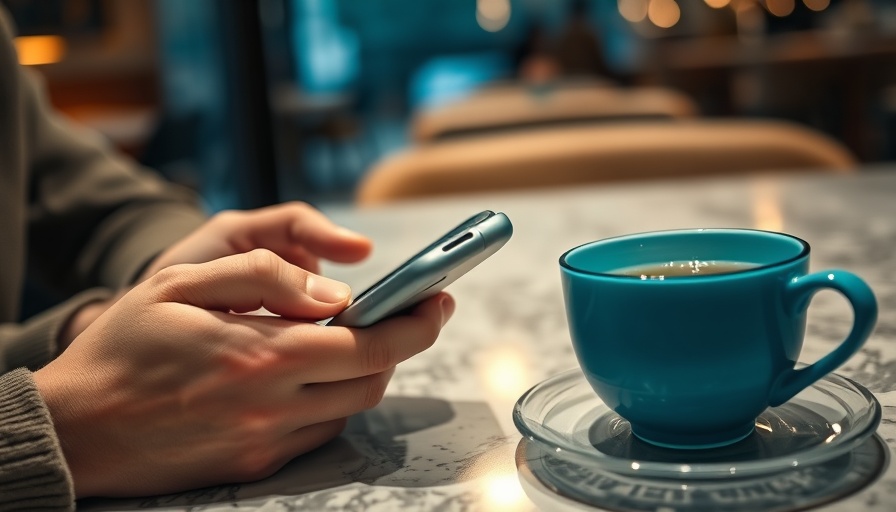 Contactless smartphone payment in modern restaurant setting, with blue tea cup.