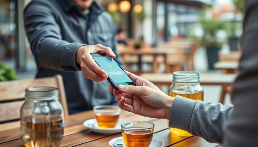 Contactless payment at restaurant outdoor table, showcasing modern tech.