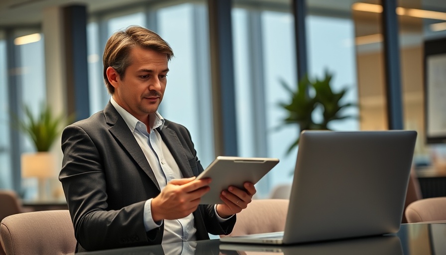 Professional using tablet near laptop, related to Manta Business Directory.