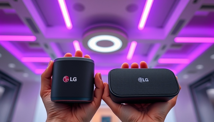 Hands holding LG Xboom portable speakers with sleek design indoors.