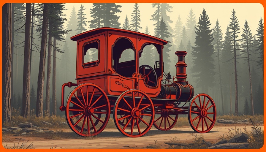 Vintage horseless carriage illustration with AI analogy.