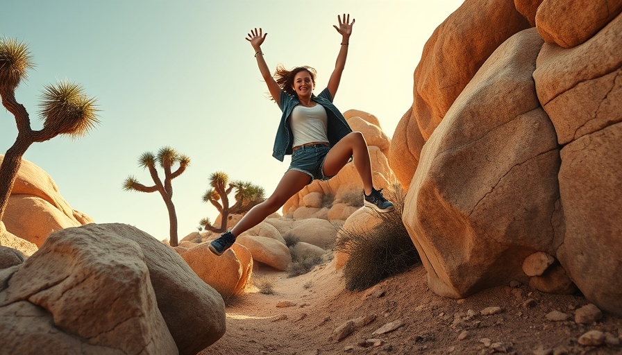 Hiker jumping among Joshua trees and rocks on a sunny day.