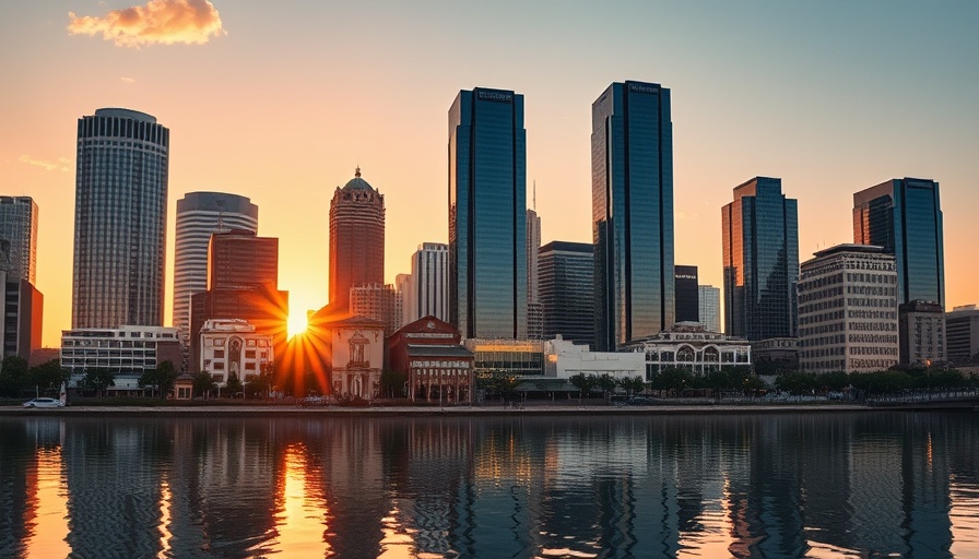 Austin luxury home sales, modern skyline with skyscrapers at sunrise.