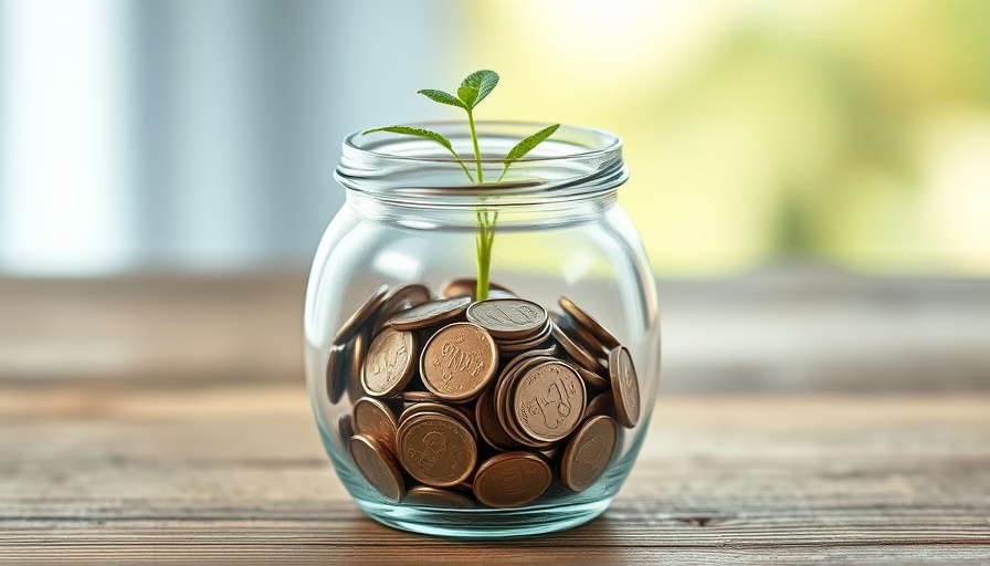 Glass jar of coins with plant, representing retire the idea of retirement.