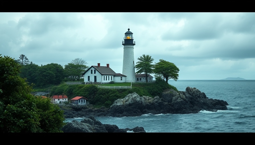 Scenic view of Pomham Rocks Lighthouse on rocky island.