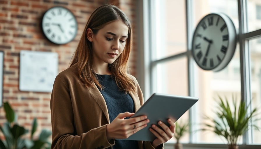 Woman using tablet in modern office, LinkedIn growth tip.