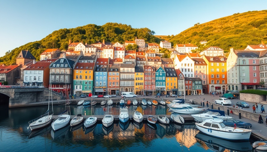 French Basque Coast view with colorful buildings and marina.