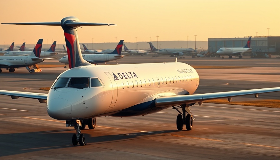 Delta regional jets grounded at airport with planes in background.