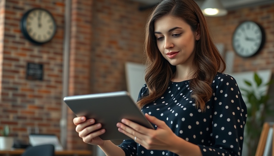 Focused woman using tablet near office window and clock.