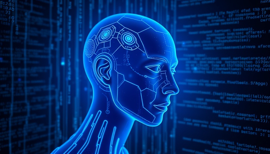 Futuristic AI coding assistant with code overlay in blue tones.